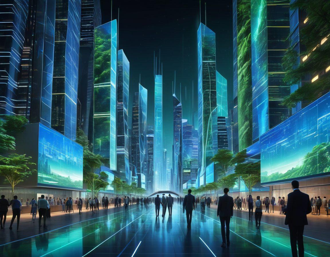 A futuristic city skyline showcasing advanced technologies like holograms and drones, with diverse people interacting seamlessly with smart devices. Include vibrant blue and green lights symbolizing Upeer Technologies and Upenet connectivity. In the foreground, a diverse group of individuals discussing and collaborating, surrounded by digital screens and data flow graphics. The skyline should be dynamic, blending nature and technology harmoniously. super-realistic. vibrant colors. 3D.