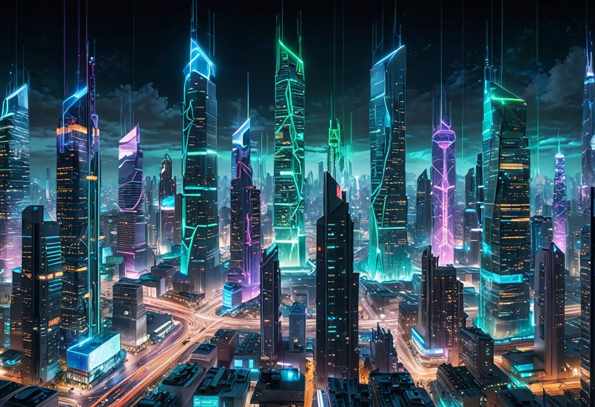 A futuristic landscape showcasing a digital city with interconnected networks and vibrant fiber optic cables weaving through the skyline. Visually represent developers collaborating over holographic interfaces, symbolizing integration and seamless operations. Include abstract representations of data flow and connectivity that radiate energy and innovation. The color palette should be bright and tech-inspired, emphasizing blue and green tones. cyberpunk. vibrant colors.
