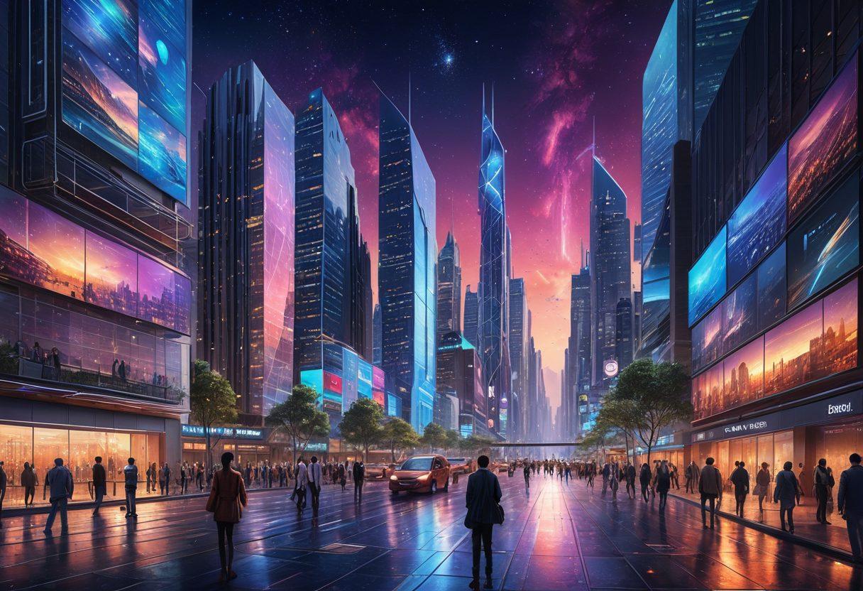 A dynamic, futuristic cityscape illustrating advanced telecommunications infrastructure, featuring sleek towers with digital displays and interconnected networks glowing in vibrant colors. Include diverse people engaging in communication through various devices, symbolizing enhanced connectivity and support. The scene is set during twilight, casting an enchanting ambiance with a starry sky above. super-realistic. vibrant colors. 3D.
